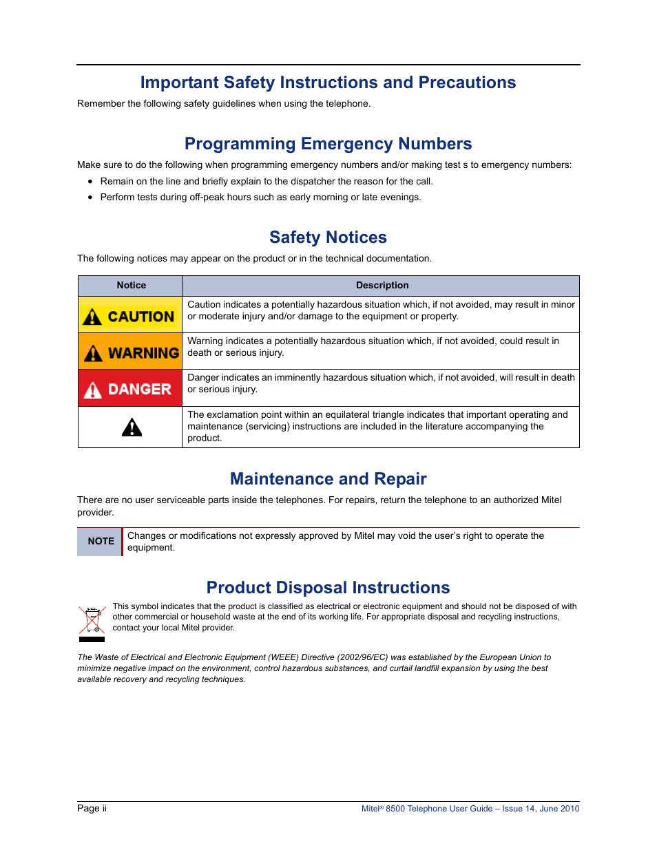 Important safety instructions and precautions, Programming emergency numbers, Safety notices | Maintenance and repair, Product disposal instructions | Mitel 8500 User Manual | Page 6 / 66