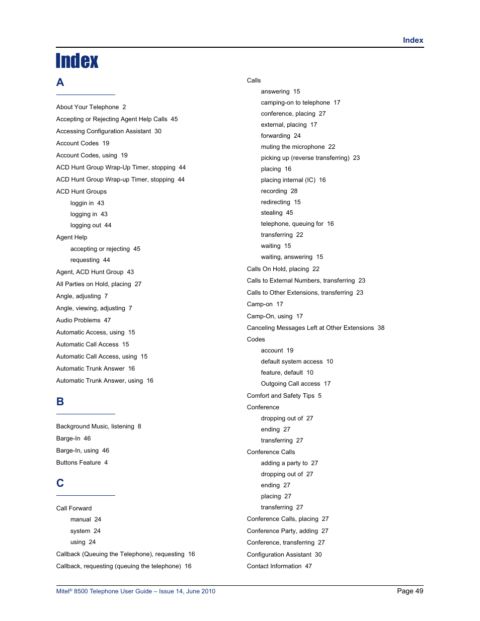 Index | Mitel 8500 User Manual | Page 61 / 66