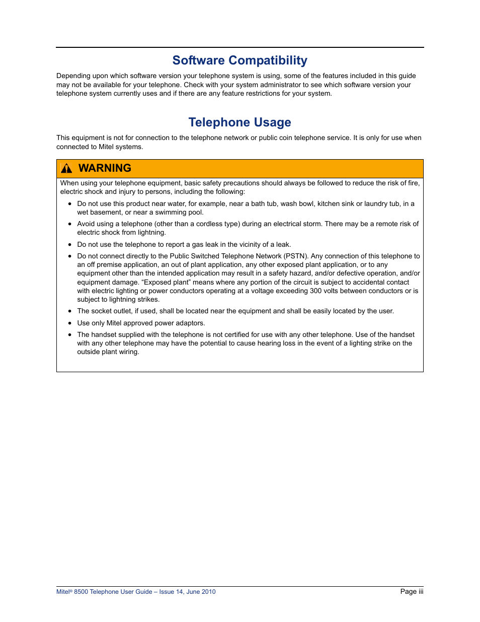 Software compatibility, Telephone usage, Warning | Mitel 8500 User Manual | Page 7 / 66