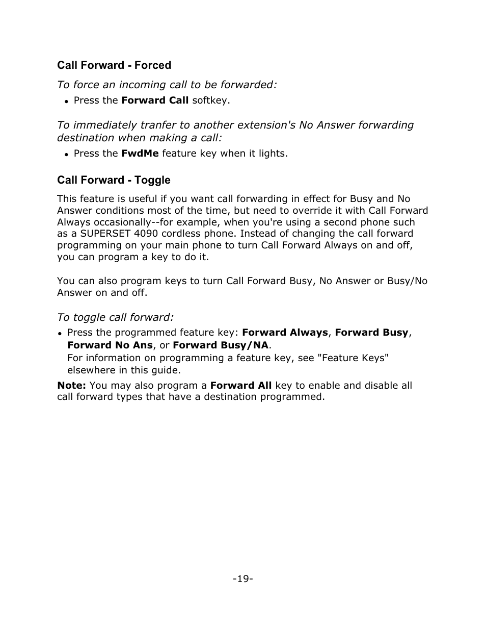 Call forward - forced, Call forward - toggle | Mitel 4150 User Manual | Page 24 / 41
