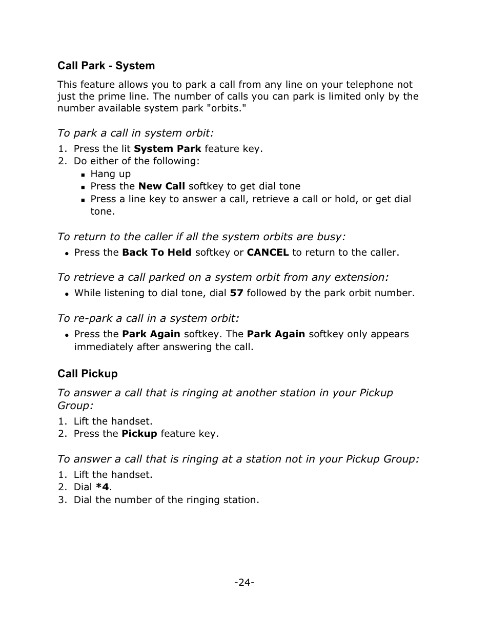 Call park - system, Call pickup | Mitel 4150 User Manual | Page 29 / 41