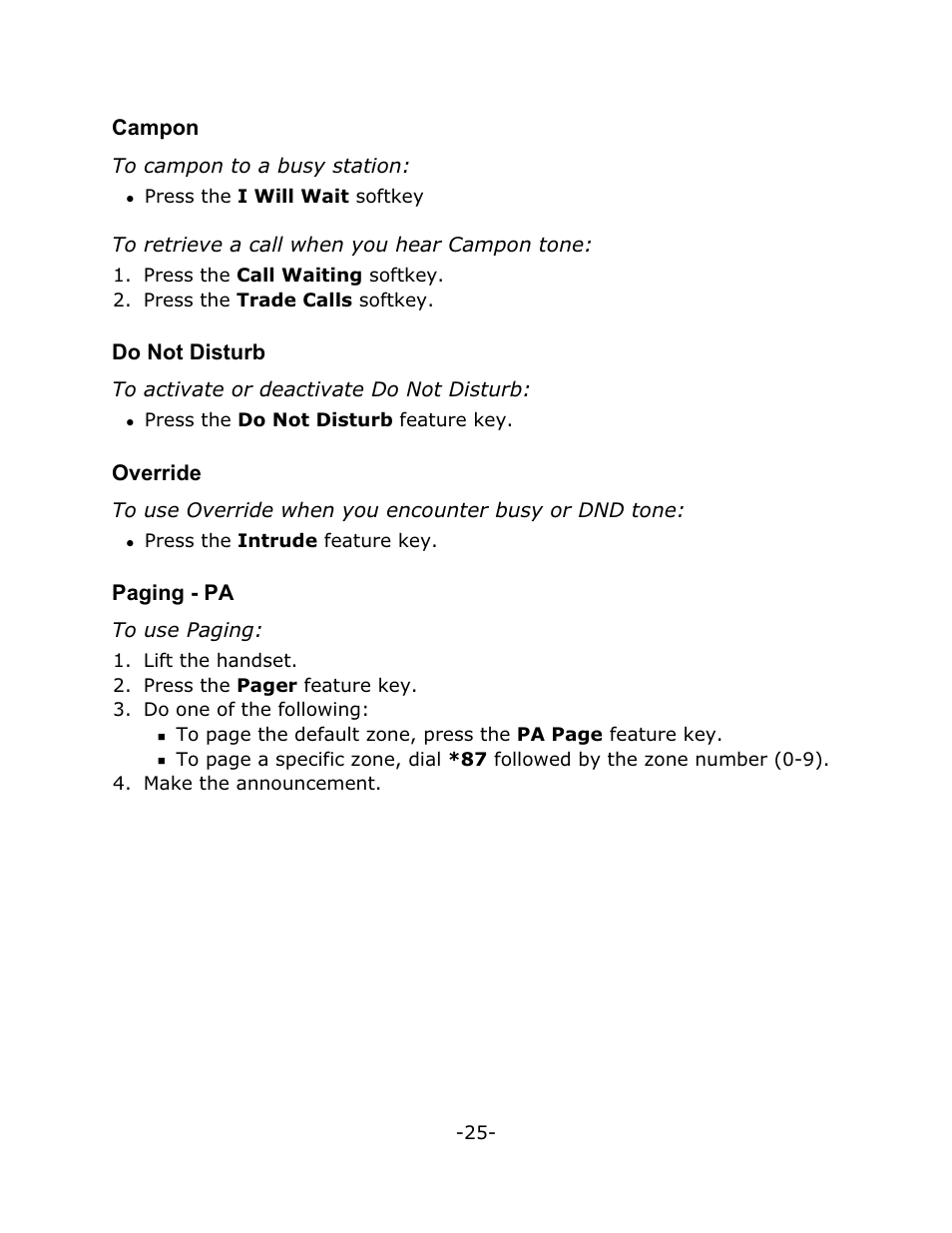 Campon, Do not disturb, Override | Paging - pa | Mitel 4150 User Manual | Page 30 / 41