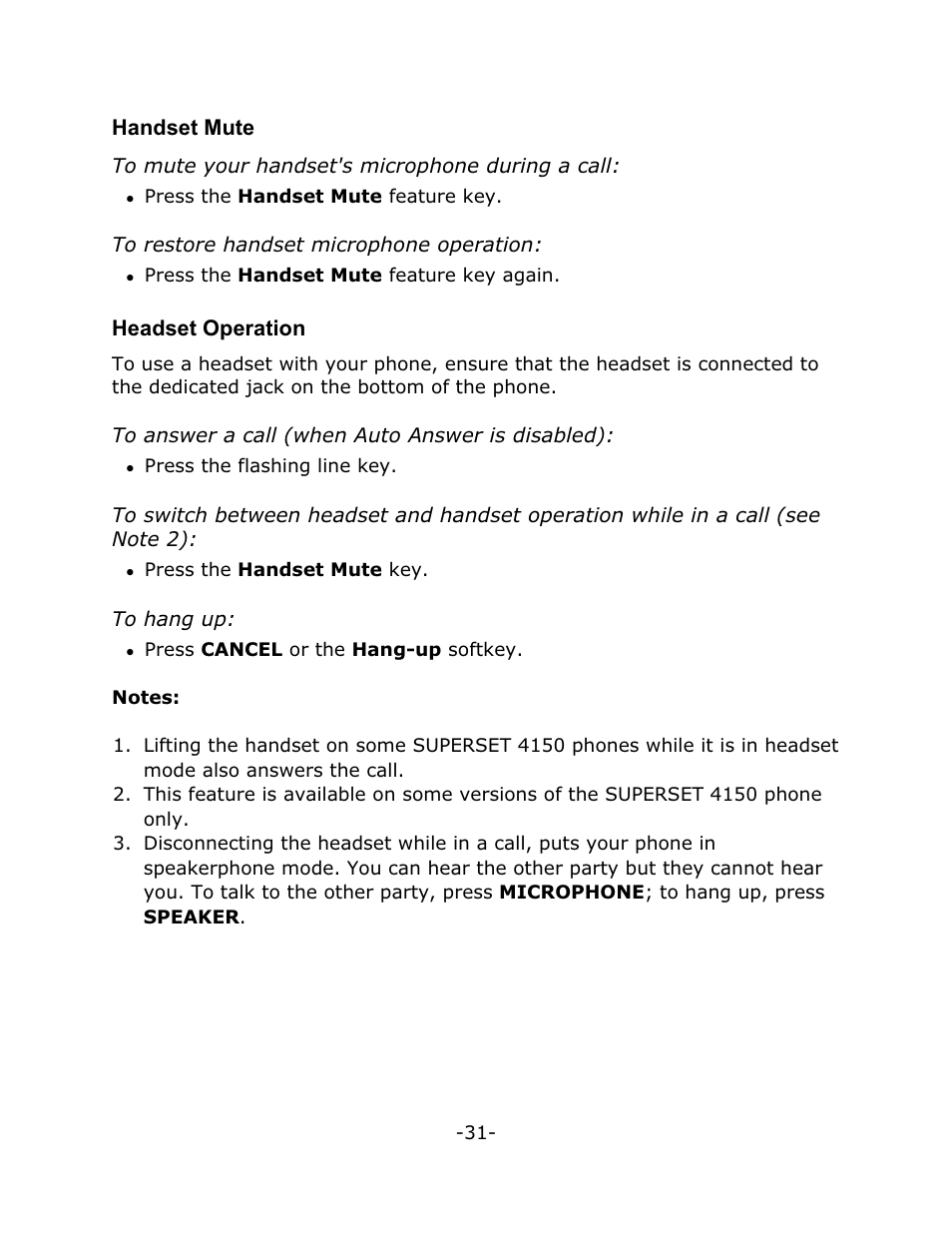 Handset mute, Headset operation | Mitel 4150 User Manual | Page 36 / 41
