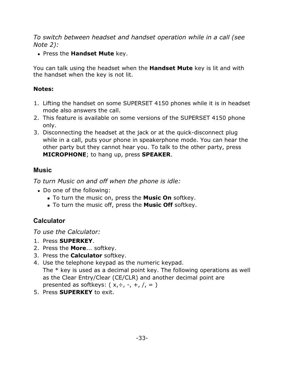 Music, Calculator | Mitel 4150 User Manual | Page 38 / 41