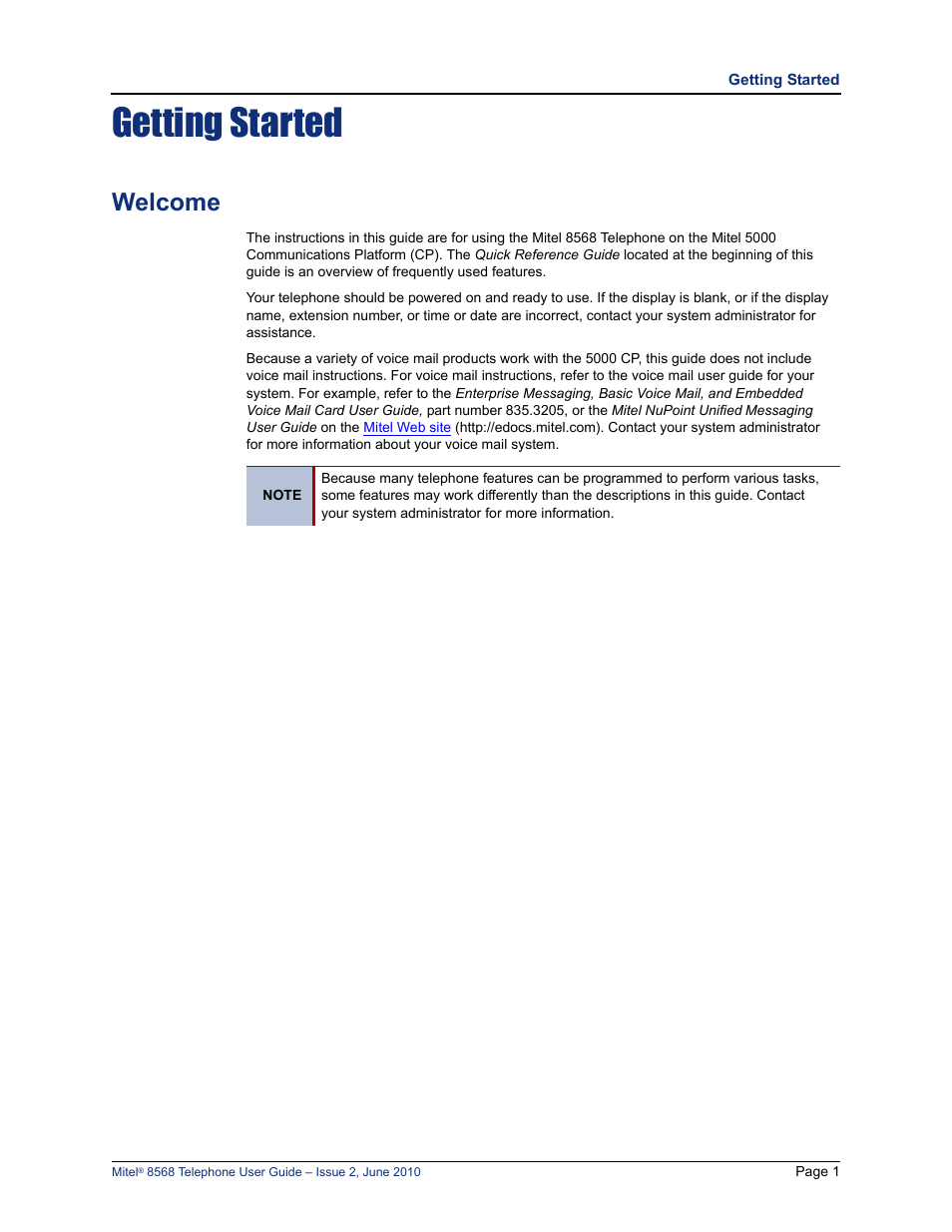 Getting started, Welcome | Mitel 8568 User Manual | Page 15 / 86