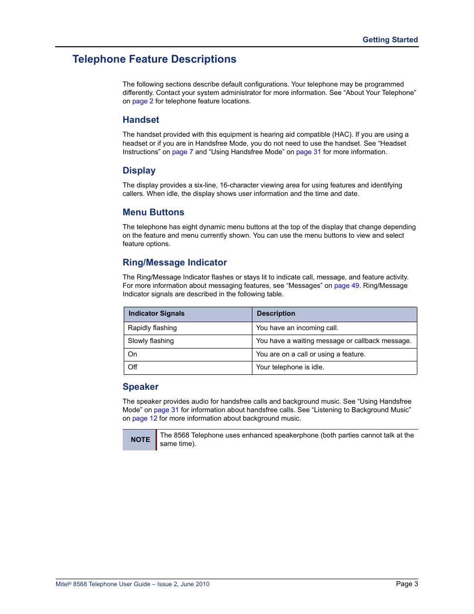 Telephone feature descriptions, Handset, Display | Menu buttons, Ring/message indicator, Speaker | Mitel 8568 User Manual | Page 17 / 86