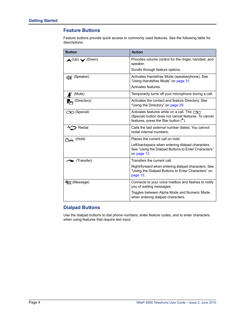 Feature buttons, Dialpad buttons, Feature buttons dialpad buttons | Mitel 8568 User Manual | Page 18 / 86