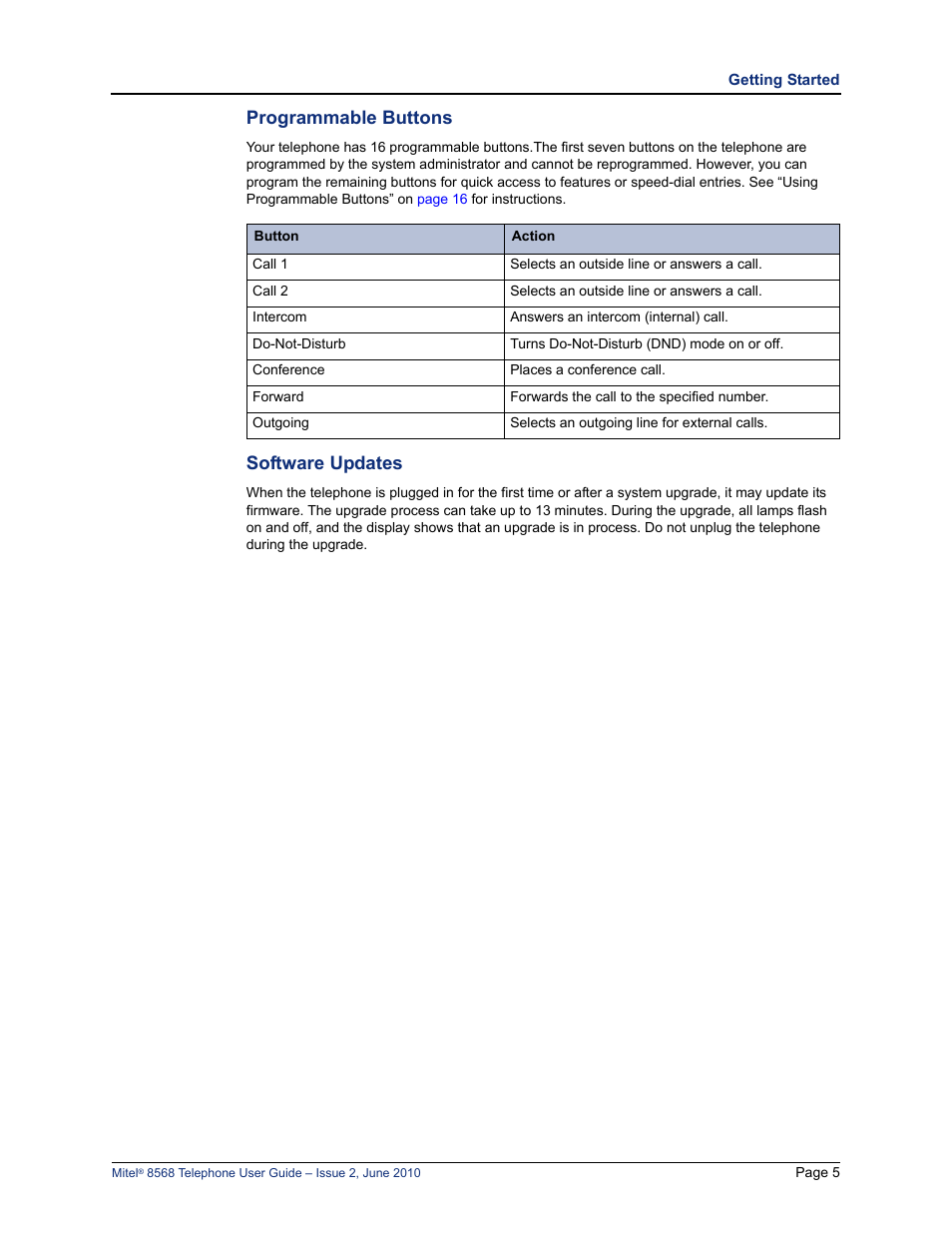 Programmable buttons, Software updates, Programmable buttons software updates | Mitel 8568 User Manual | Page 19 / 86