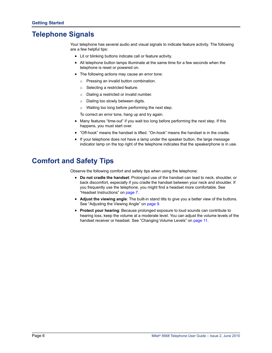 Telephone signals, Comfort and safety tips | Mitel 8568 User Manual | Page 20 / 86