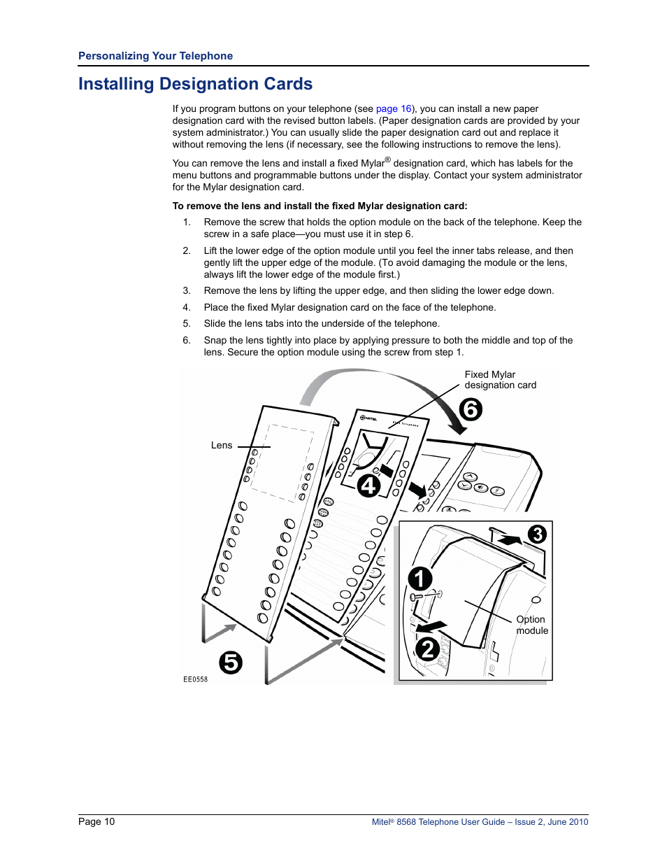 Installing designation cards | Mitel 8568 User Manual | Page 24 / 86