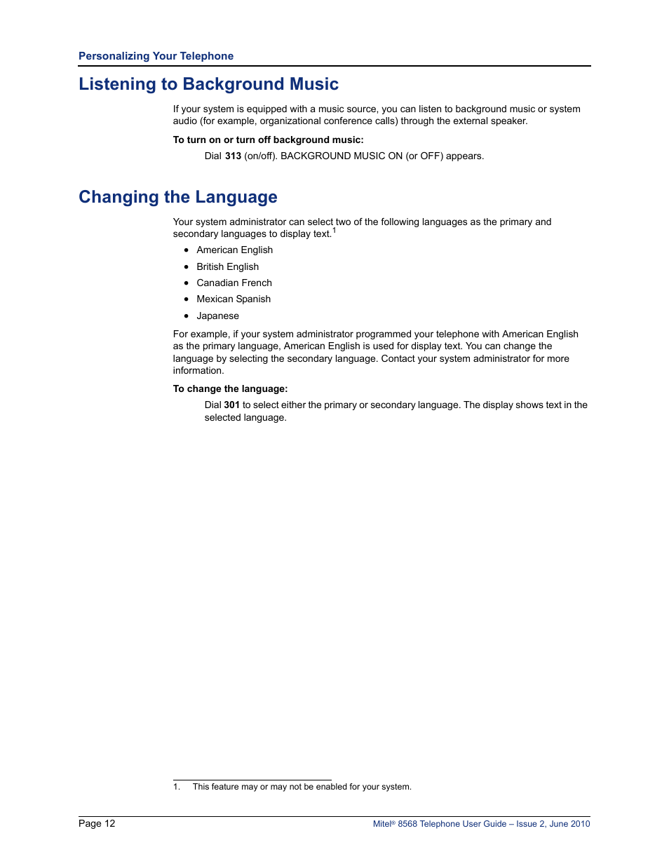 Listening to background music, Changing the language | Mitel 8568 User Manual | Page 26 / 86