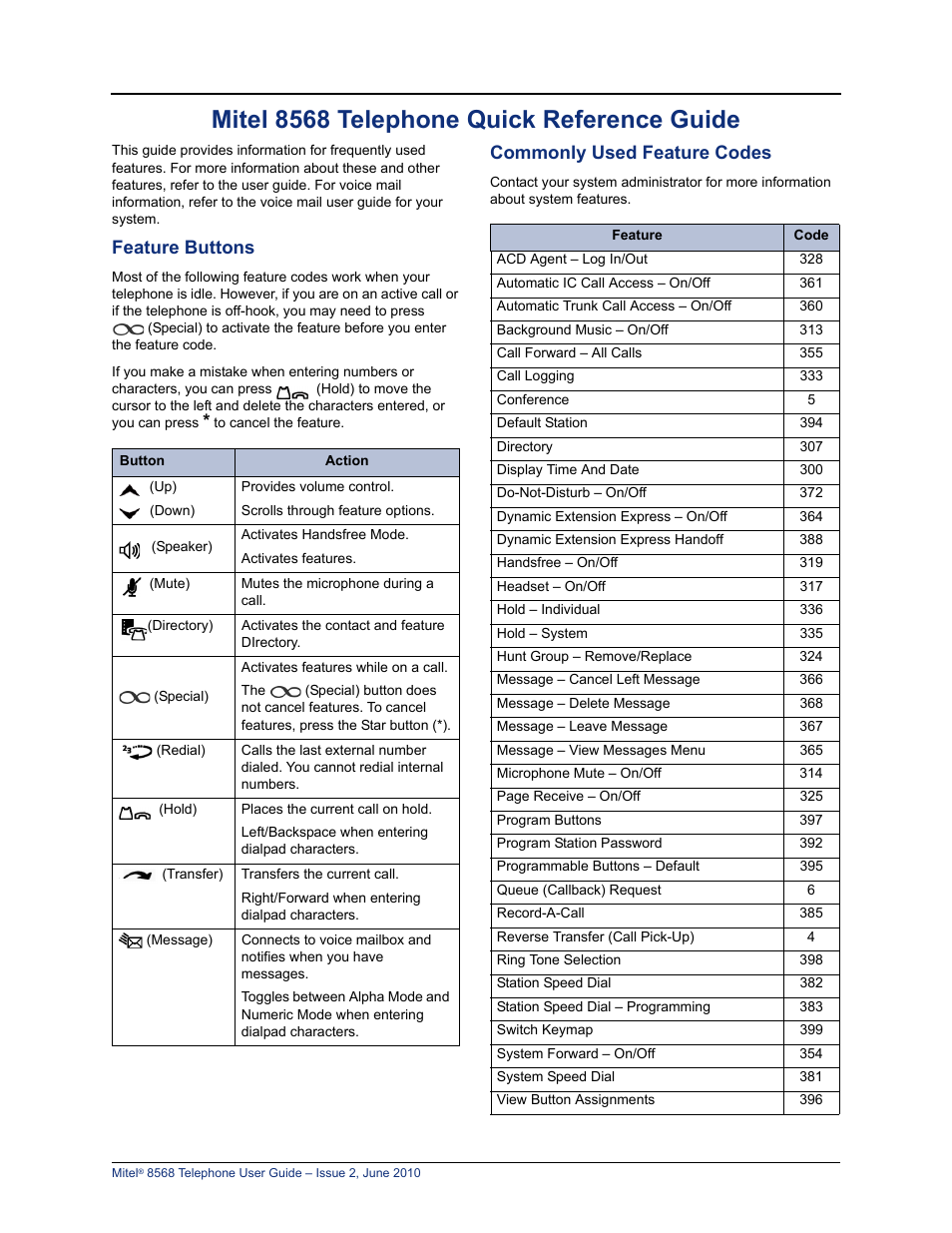 Mitel 8568 telephone quick reference guide, Feature buttons, Commonly used feature codes | Mitel 8568 User Manual | Page 3 / 86