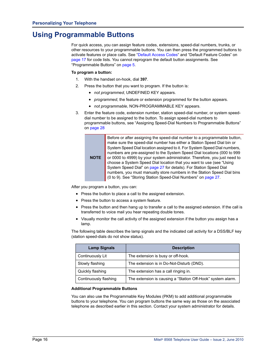 Using programmable buttons | Mitel 8568 User Manual | Page 30 / 86