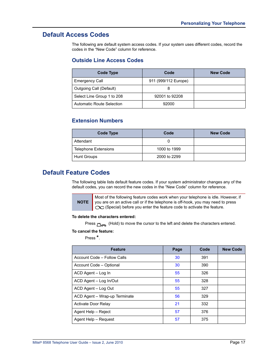 Default access codes, Outside line access codes, Extension numbers | Default feature codes, Outside line access codes extension numbers, D “default feature codes” on | Mitel 8568 User Manual | Page 31 / 86