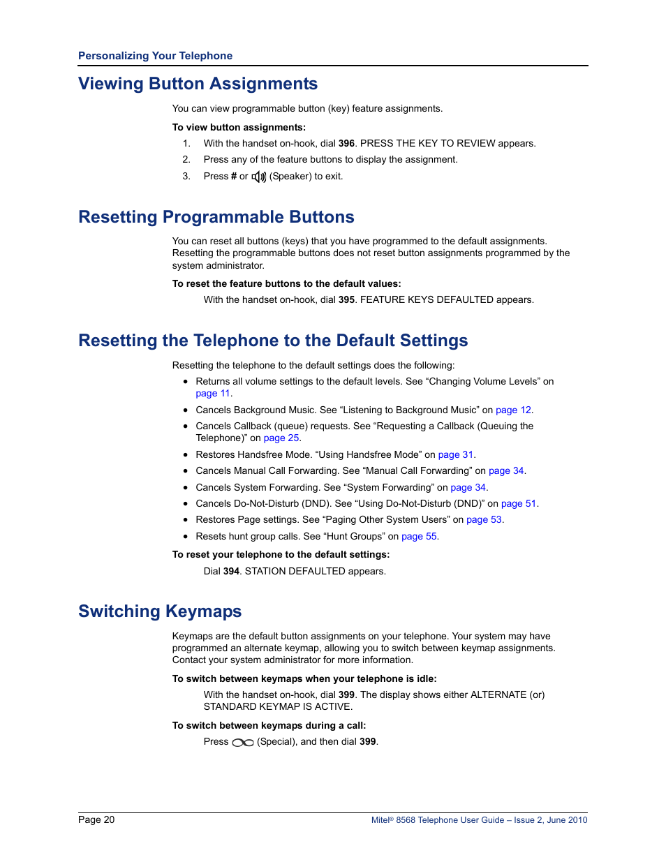 Viewing button assignments, Resetting programmable buttons, Resetting the telephone to the default settings | Switching keymaps | Mitel 8568 User Manual | Page 34 / 86