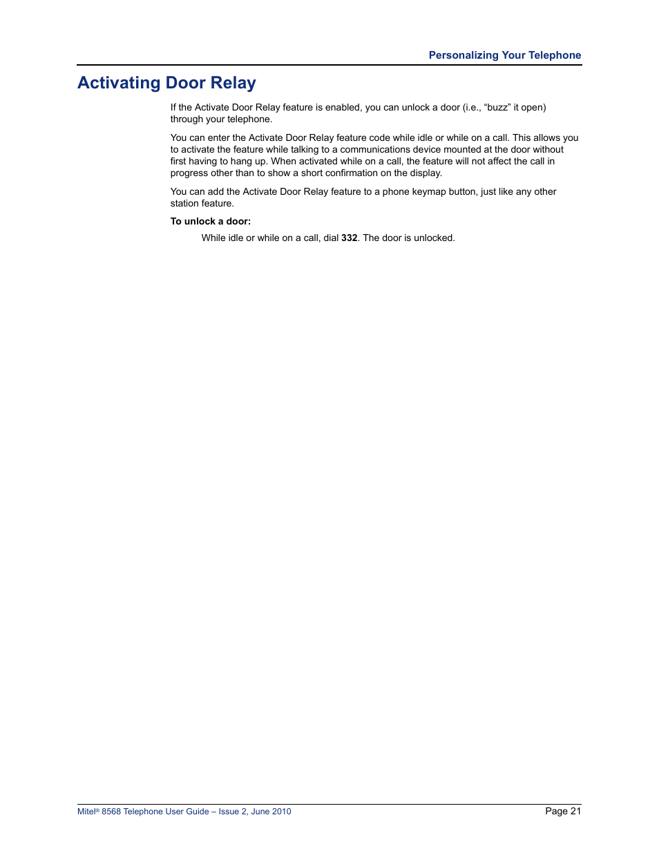 Activating door relay | Mitel 8568 User Manual | Page 35 / 86