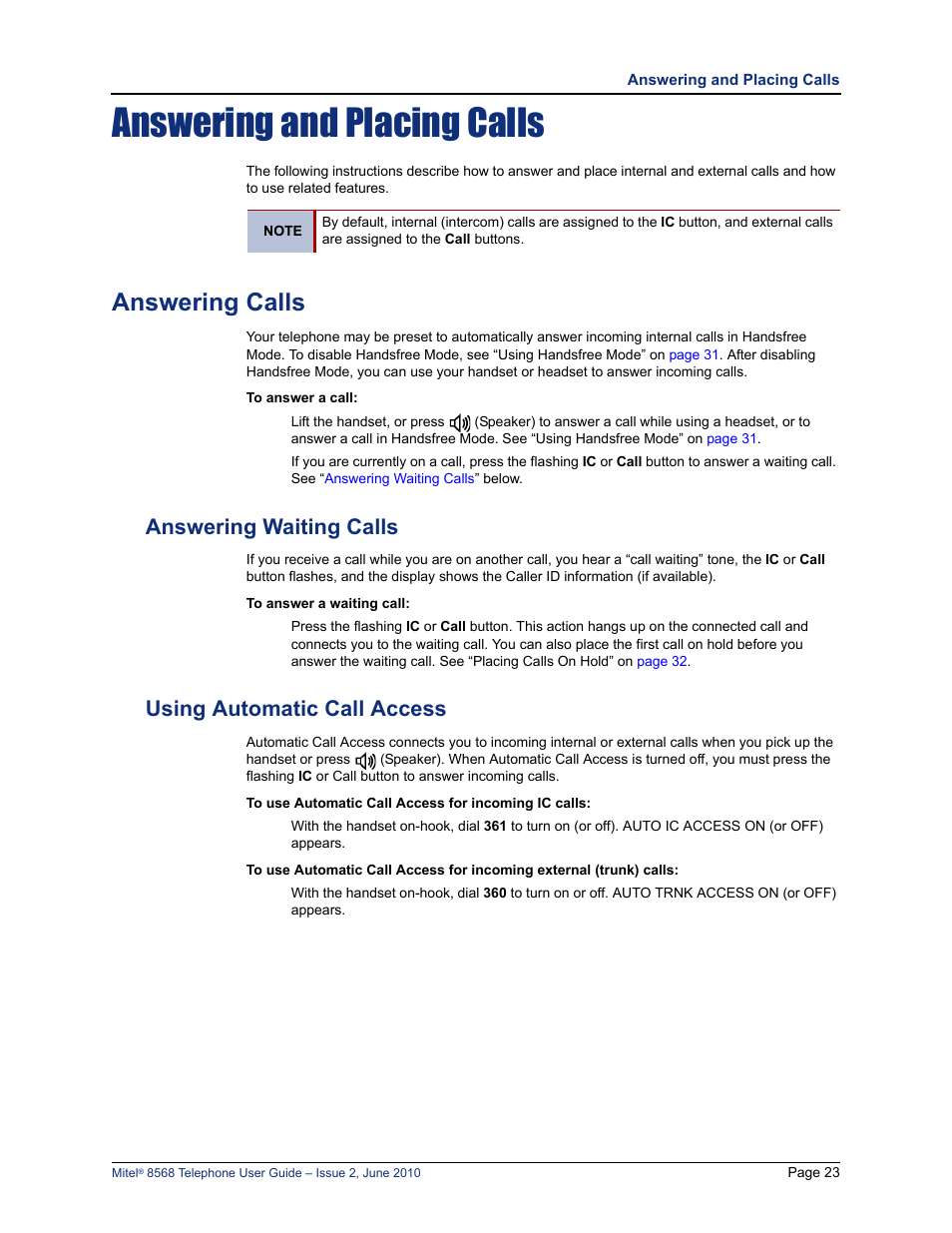 Answering and placing calls, Answering calls, Answering waiting calls | Using automatic call access | Mitel 8568 User Manual | Page 37 / 86