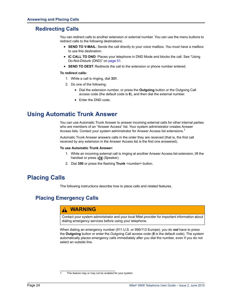 Redirecting calls, Using automatic trunk answer, Placing calls | Placing emergency calls, Warning | Mitel 8568 User Manual | Page 38 / 86