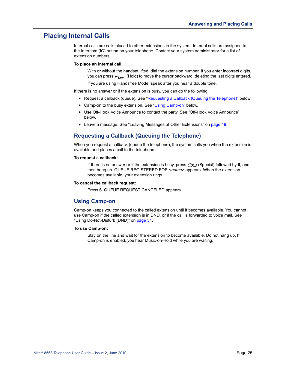 Placing internal calls, Requesting a callback (queuing the telephone), Using camp-on | Requesting a callback (queuing the telephone)” on | Mitel 8568 User Manual | Page 39 / 86