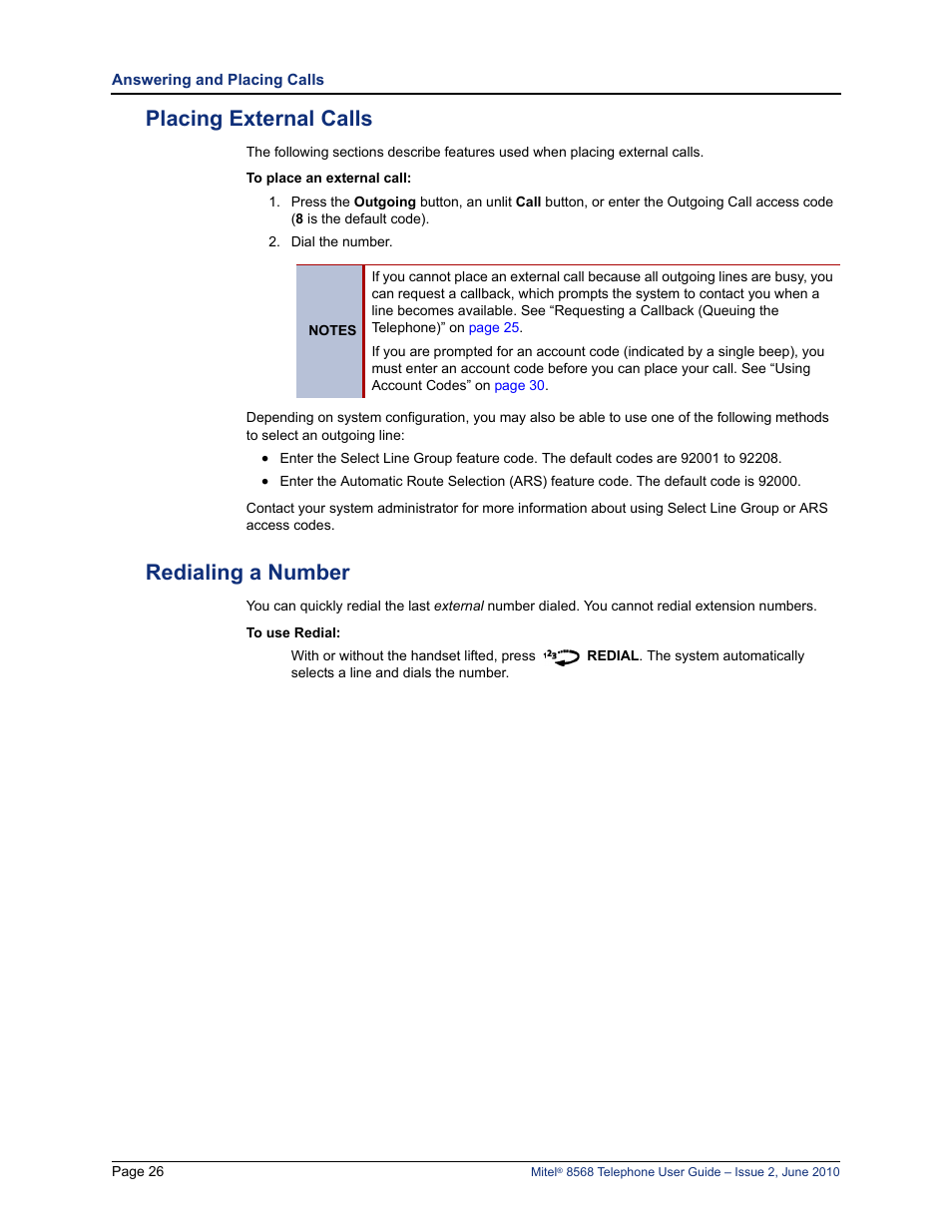 Placing external calls, Redialing a number, Placing external calls redialing a number | Mitel 8568 User Manual | Page 40 / 86