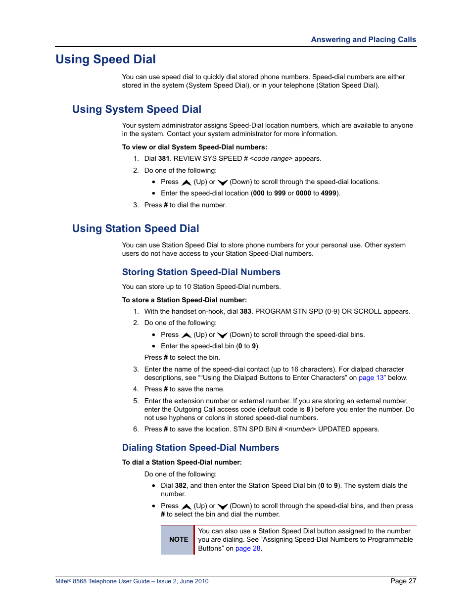Using speed dial, Using system speed dial, Using station speed dial | Storing station speed-dial numbers, Dialing station speed-dial numbers, Using system speed dial using station speed dial, Using system speed dial” on, E “storing station speed-dial numbers” on | Mitel 8568 User Manual | Page 41 / 86
