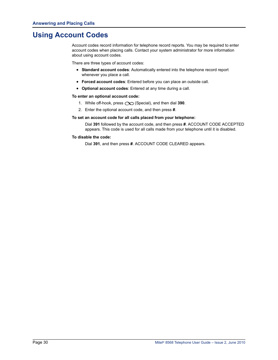 Using account codes, E “using account codes” on | Mitel 8568 User Manual | Page 44 / 86