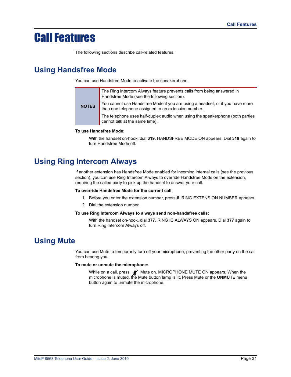 Call features, Using handsfree mode, Using ring intercom always | Using mute, D “using handsfree mode” on, E “using handsfree mode” on, Using handsfree mode” on | Mitel 8568 User Manual | Page 45 / 86
