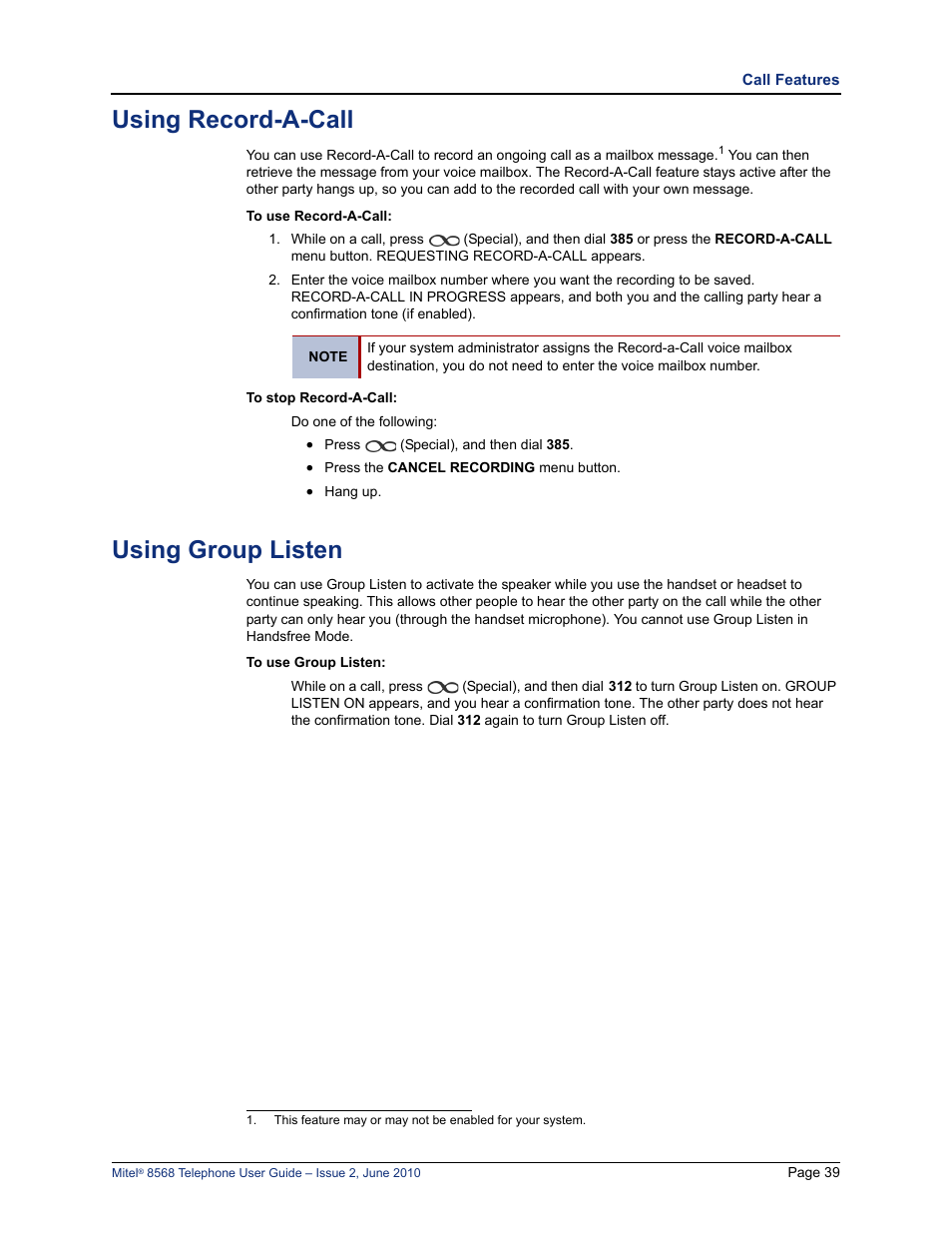 Using record-a-call, Using group listen | Mitel 8568 User Manual | Page 53 / 86