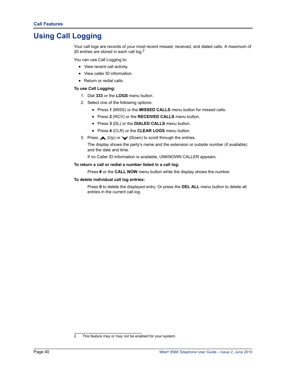 Using call logging | Mitel 8568 User Manual | Page 54 / 86