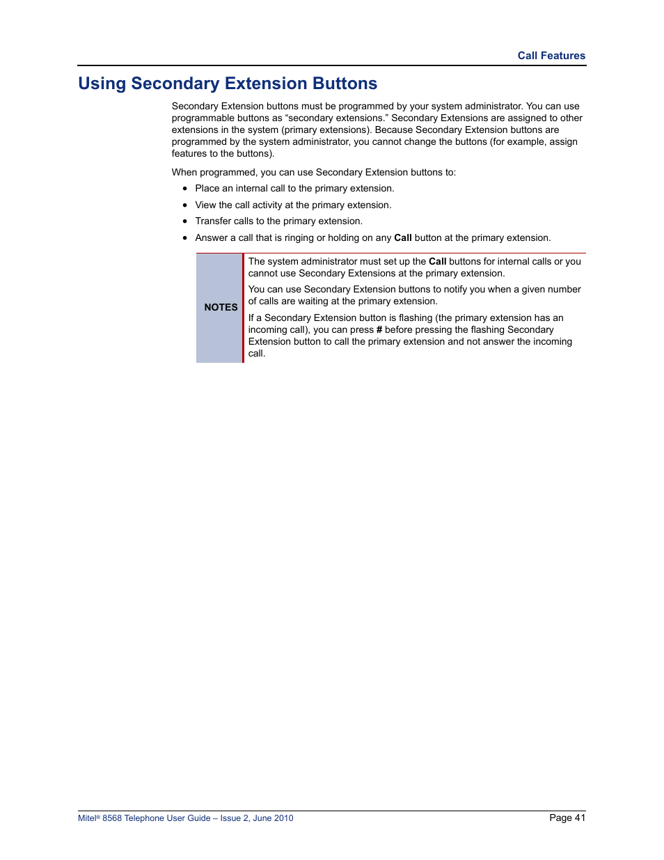 Using secondary extension buttons | Mitel 8568 User Manual | Page 55 / 86
