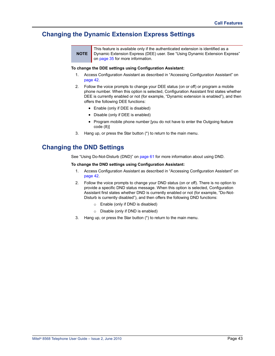 Changing the dynamic extension express settings, Changing the dnd settings | Mitel 8568 User Manual | Page 57 / 86