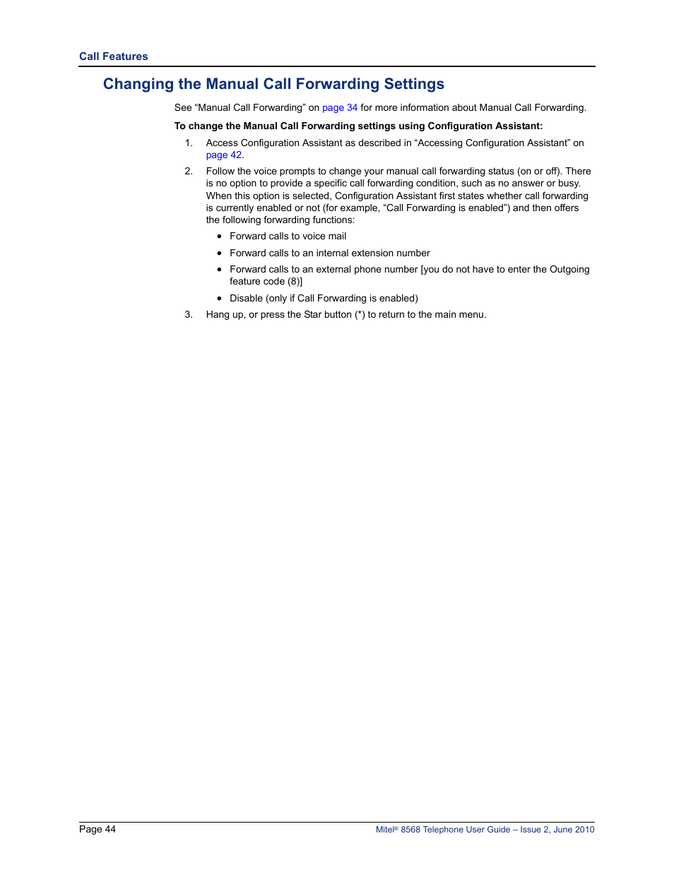 Changing the manual call forwarding settings | Mitel 8568 User Manual | Page 58 / 86