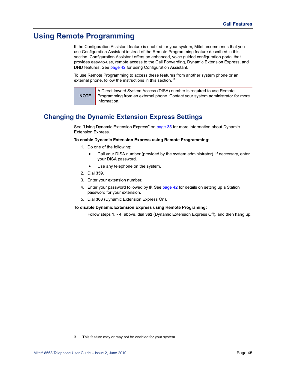 Using remote programming, Changing the dynamic extension express settings | Mitel 8568 User Manual | Page 59 / 86