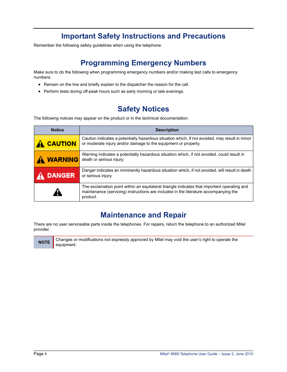 Important safety instructions and precautions, Programming emergency numbers, Safety notices | Maintenance and repair | Mitel 8568 User Manual | Page 6 / 86