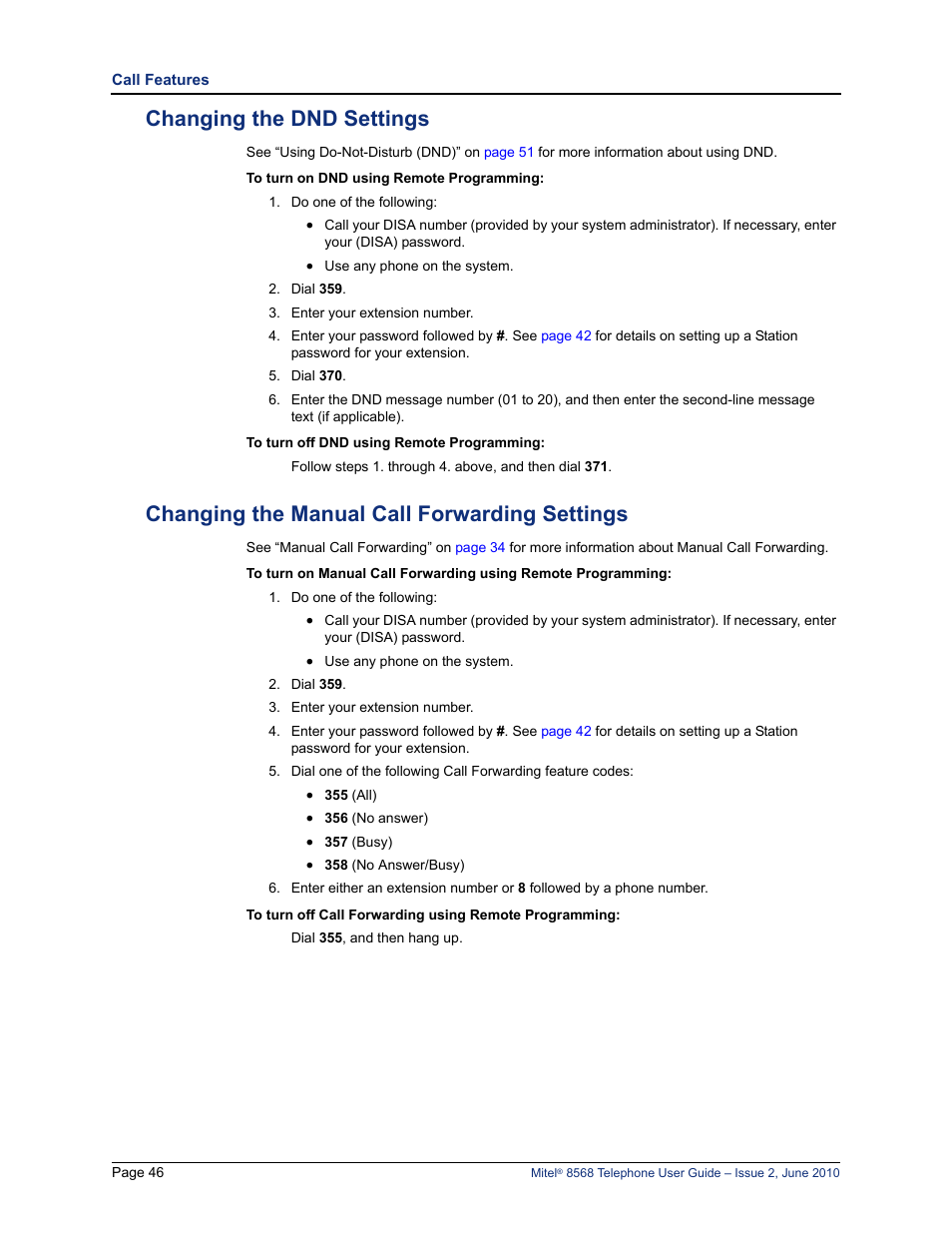 Changing the dnd settings, Changing the manual call forwarding settings | Mitel 8568 User Manual | Page 60 / 86