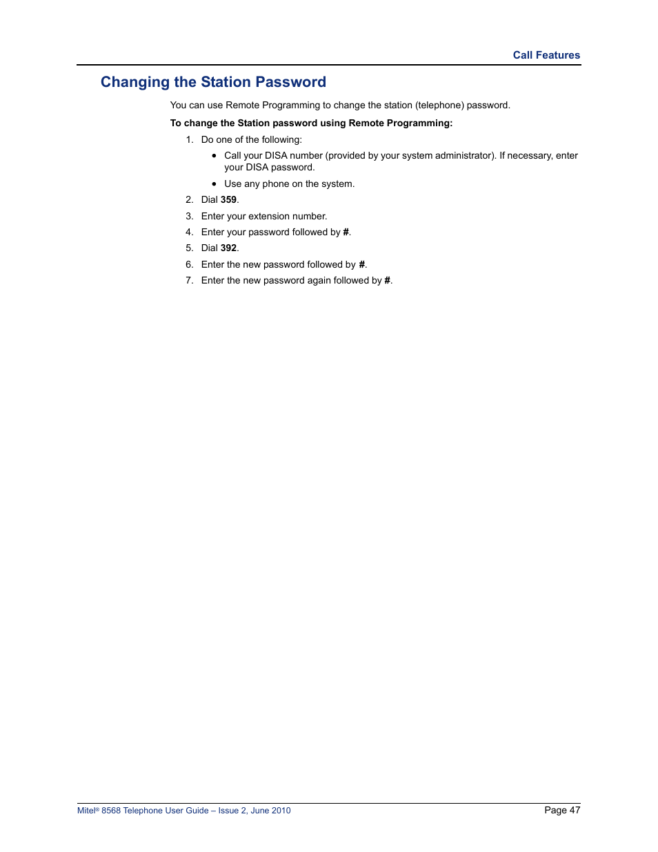 Changing the station password, See “changing the station password” on | Mitel 8568 User Manual | Page 61 / 86