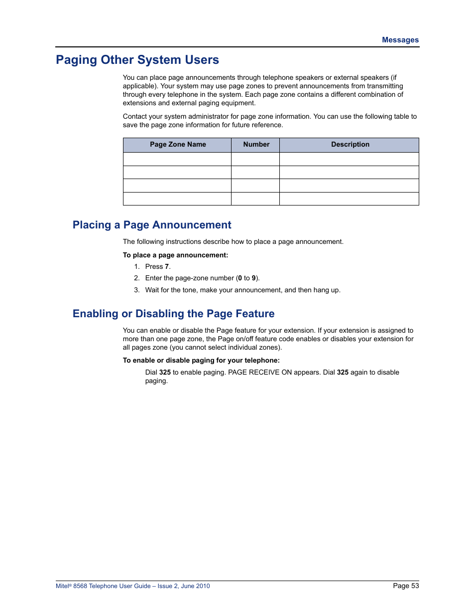 Paging other system users, S. see “paging other system users” on, E “paging other system users” on | Placing a page announcement, Enabling or disabling the page feature | Mitel 8568 User Manual | Page 67 / 86