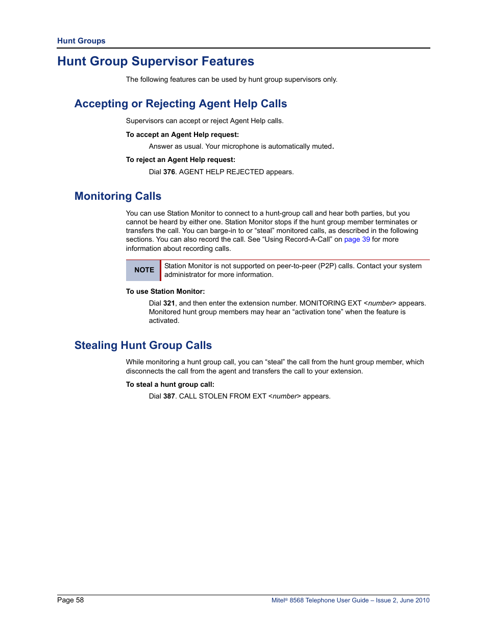 Hunt group supervisor features, Accepting or rejecting agent help calls, Monitoring calls | Stealing hunt group calls | Mitel 8568 User Manual | Page 72 / 86