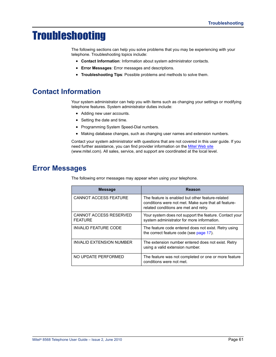 Troubleshooting, Contact information, Error messages | Mitel 8568 User Manual | Page 75 / 86
