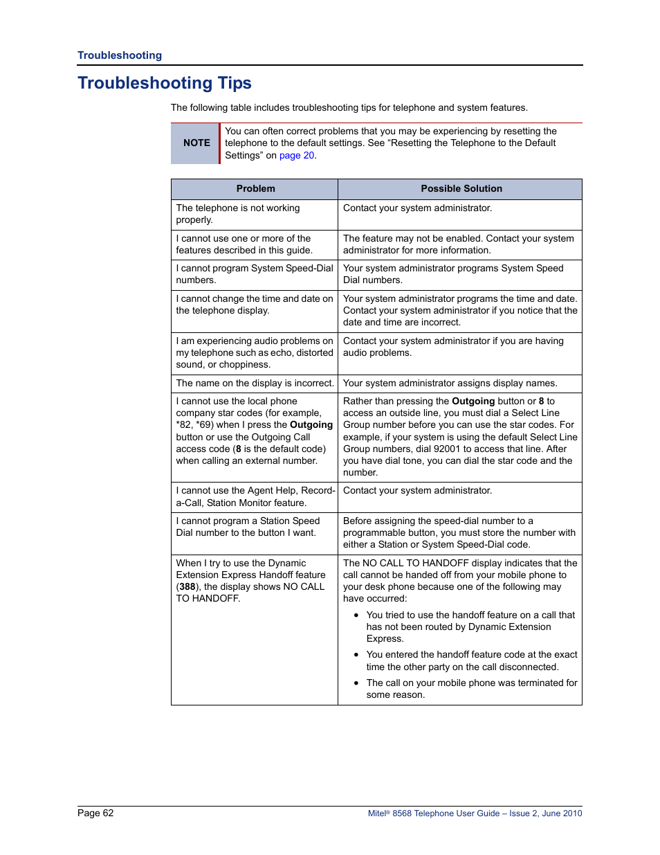 Troubleshooting tips | Mitel 8568 User Manual | Page 76 / 86