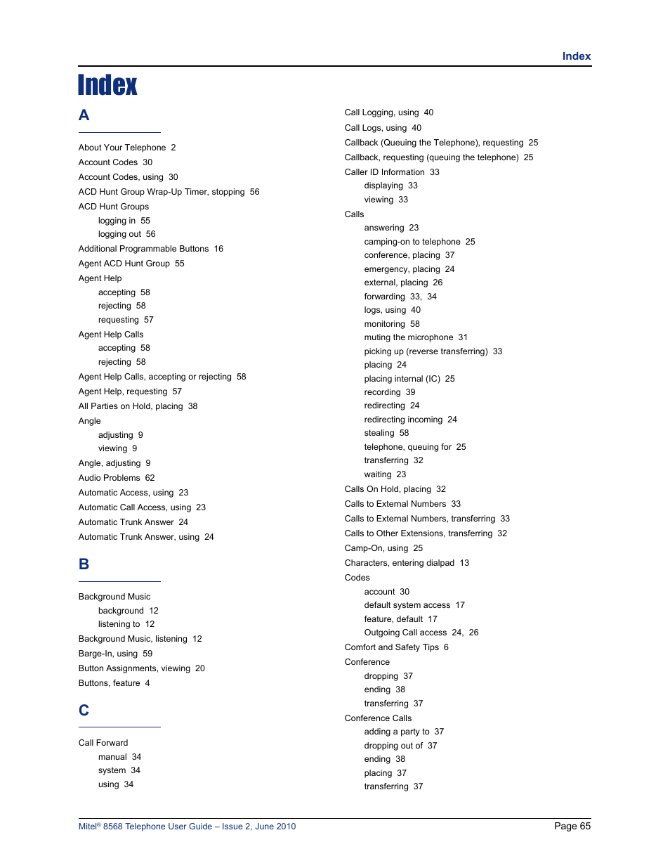Index | Mitel 8568 User Manual | Page 79 / 86