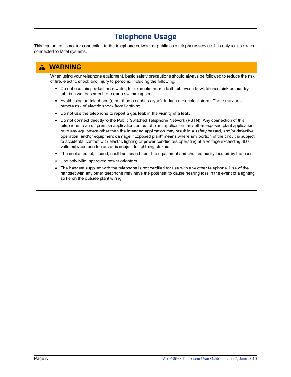Telephone usage, Warning | Mitel 8568 User Manual | Page 8 / 86