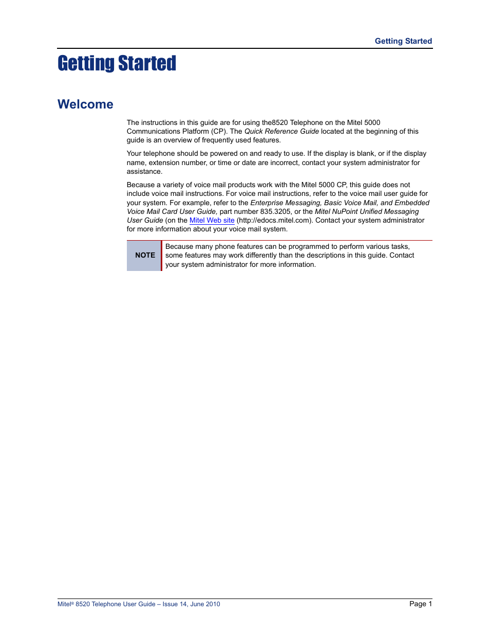 Getting started, Welcome | Mitel 8520 User Manual | Page 13 / 76