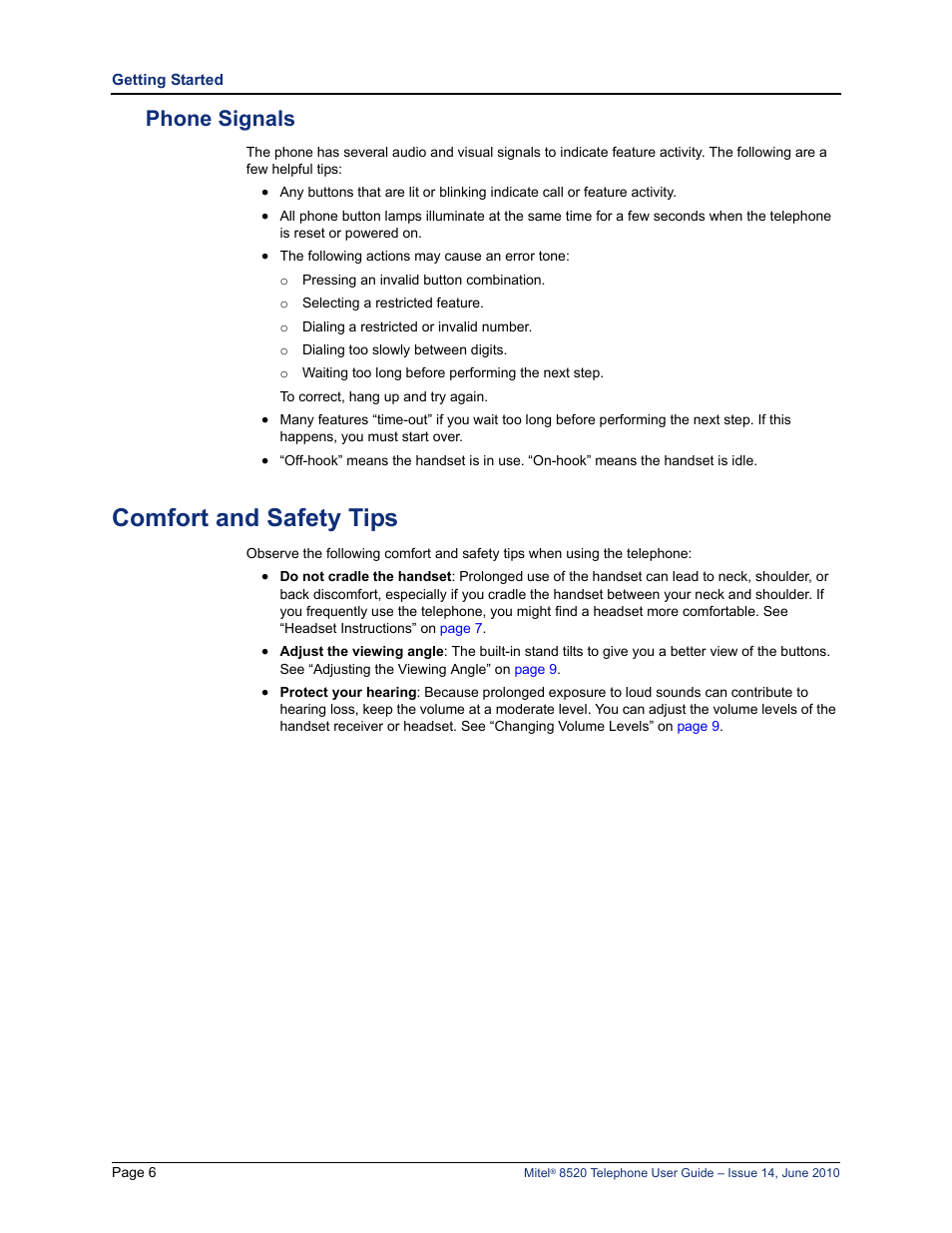 Phone signals, Comfort and safety tips | Mitel 8520 User Manual | Page 18 / 76