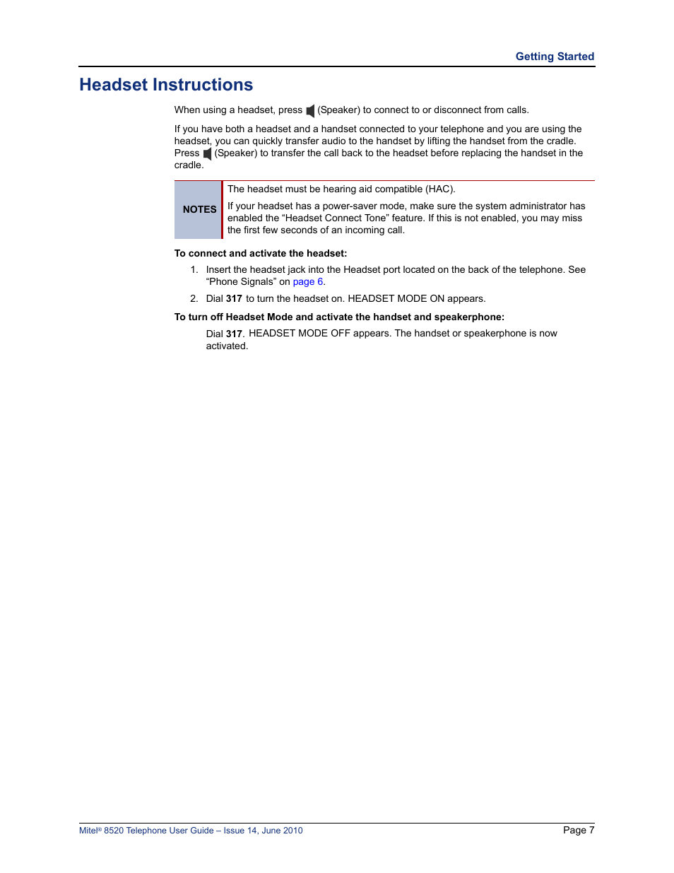 Headset instructions, Headset instructions” on | Mitel 8520 User Manual | Page 19 / 76