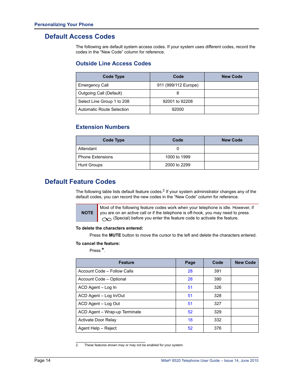 Default access codes, Outside line access codes, Extension numbers | Default feature codes, Outside line access codes extension numbers, D “default feature codes” on | Mitel 8520 User Manual | Page 26 / 76