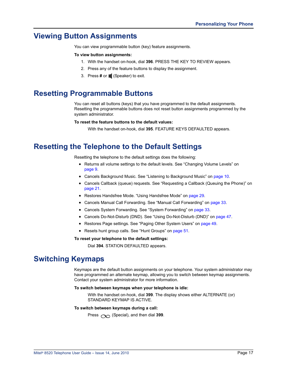 Viewing button assignments, Resetting programmable buttons, Resetting the telephone to the default settings | Switching keymaps | Mitel 8520 User Manual | Page 29 / 76