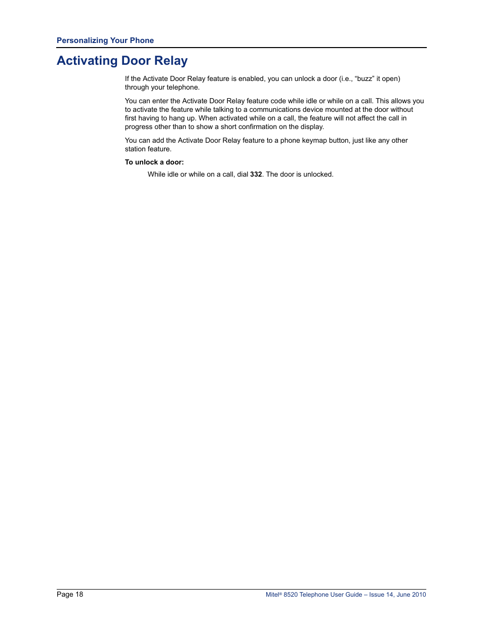Activating door relay | Mitel 8520 User Manual | Page 30 / 76