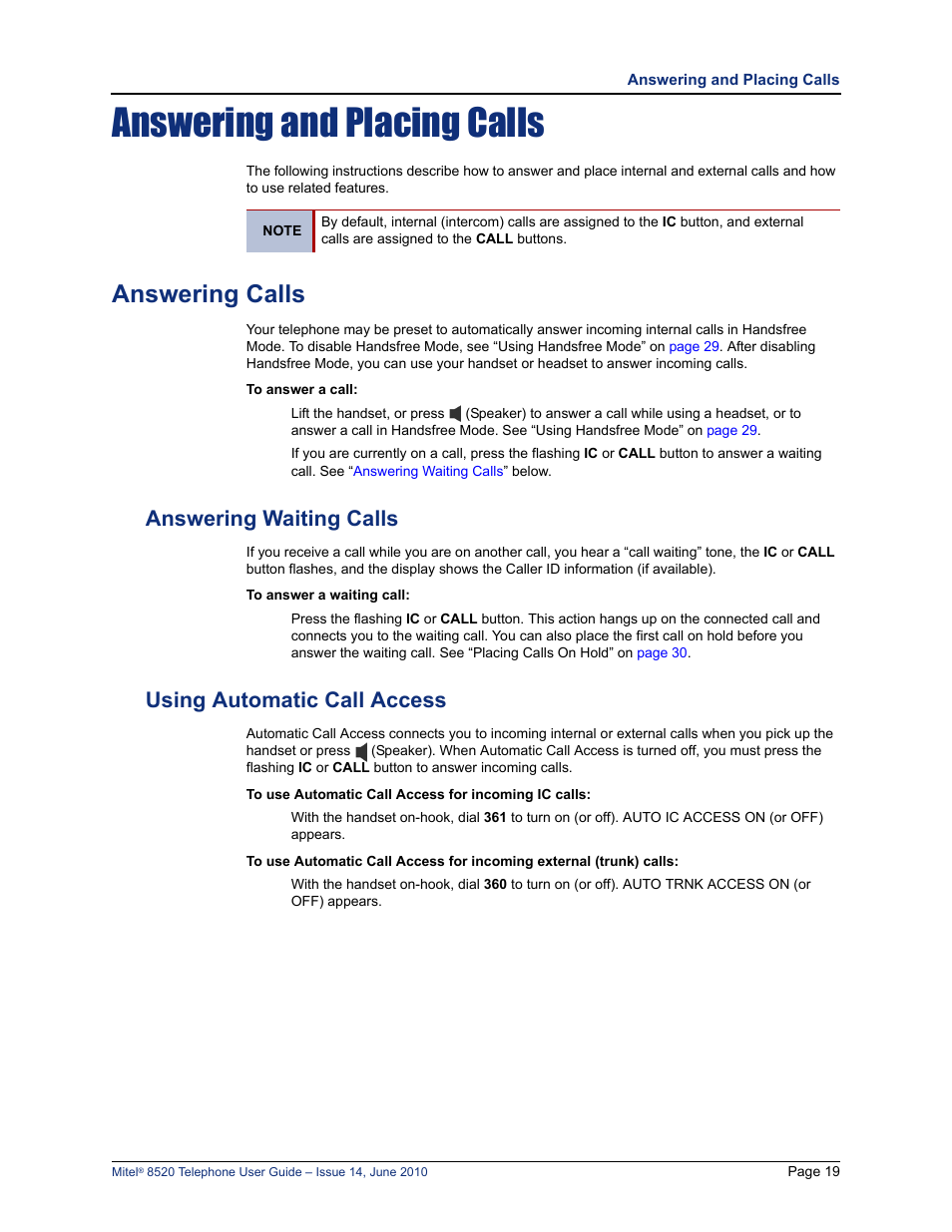 Answering and placing calls, Answering calls, Answering waiting calls | Using automatic call access | Mitel 8520 User Manual | Page 31 / 76