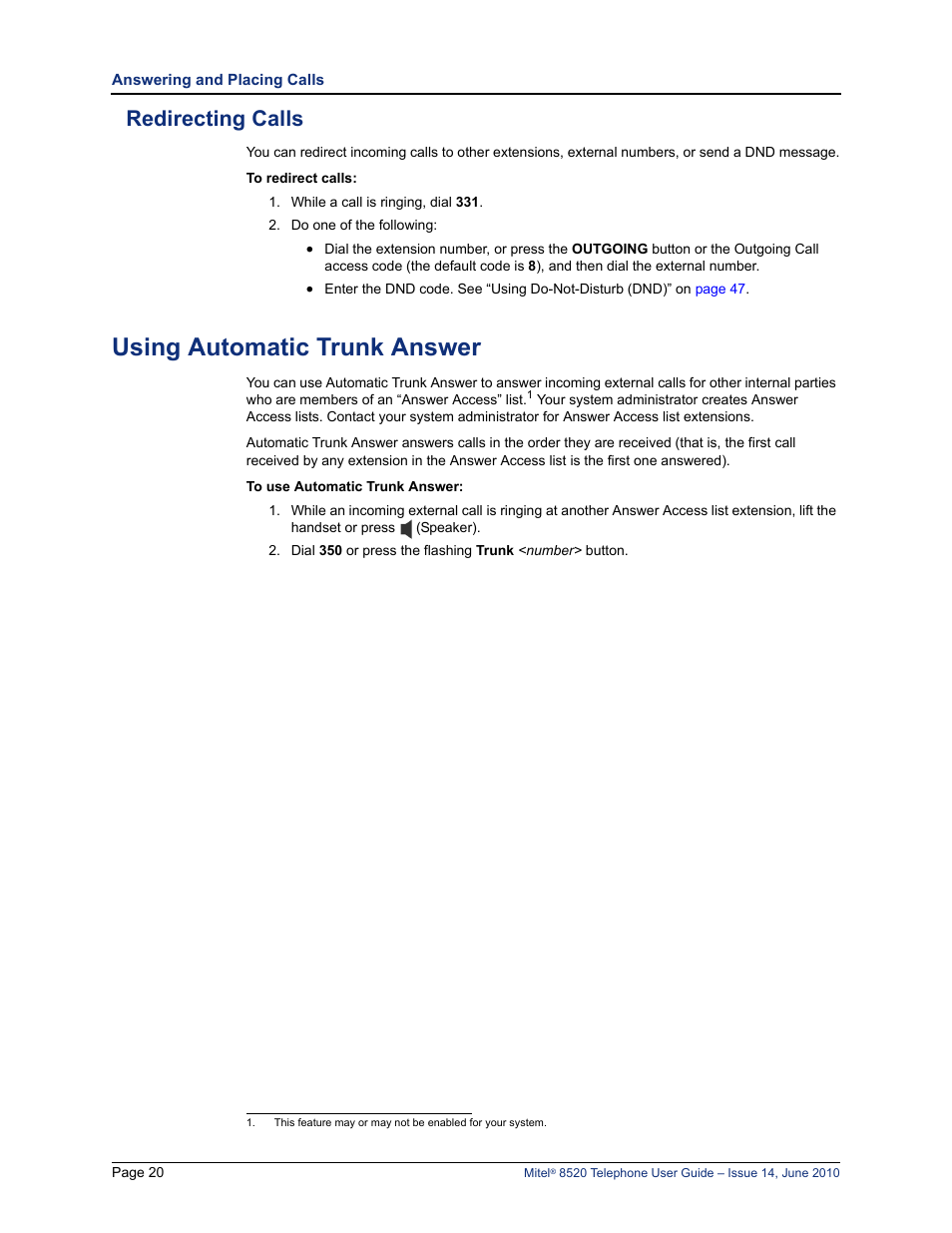 Redirecting calls, Using automatic trunk answer | Mitel 8520 User Manual | Page 32 / 76
